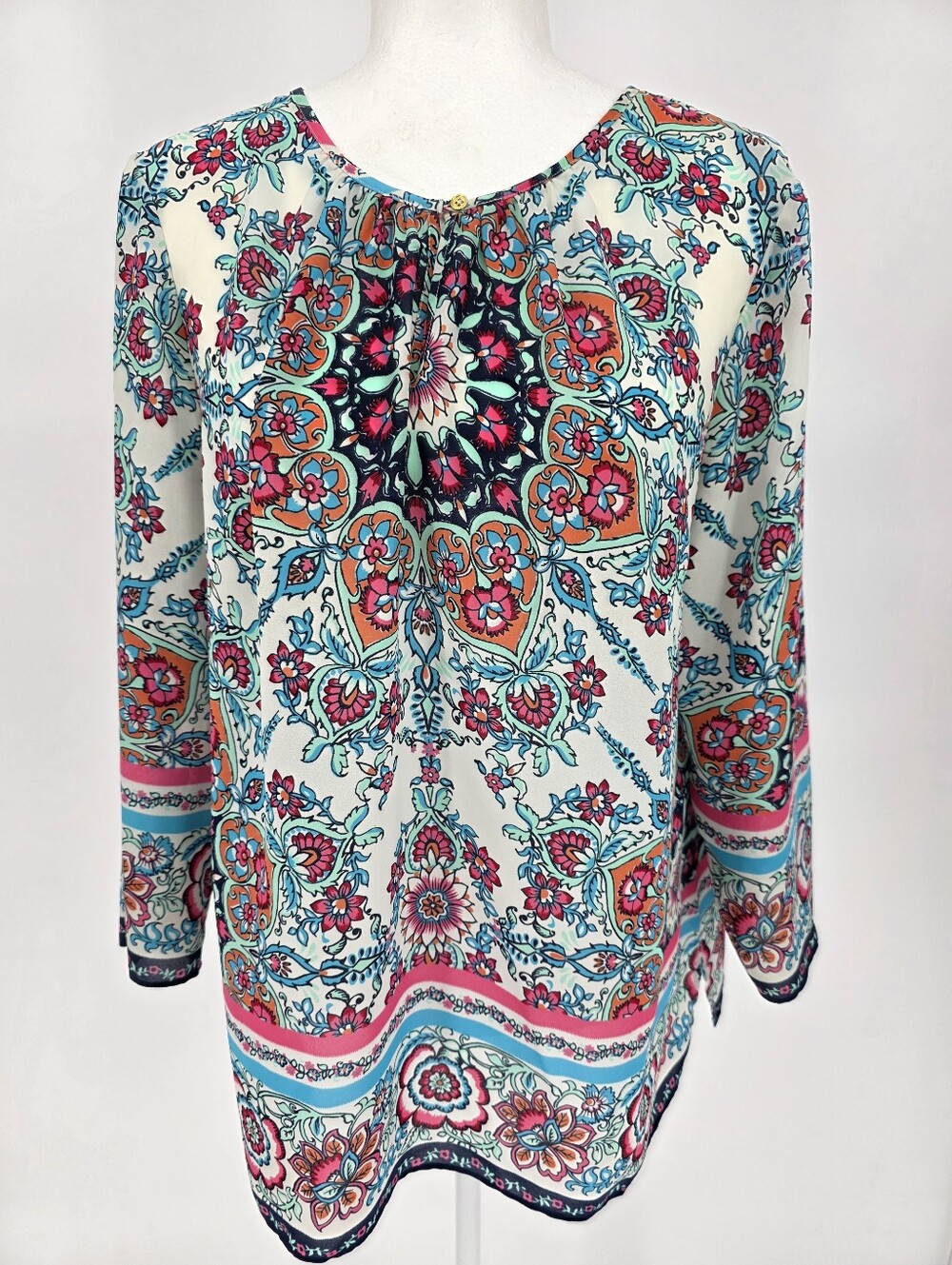 Talbots Womens L Floral Medallion Boho 3/4 Sleeve Blouse Pink Blue Top
